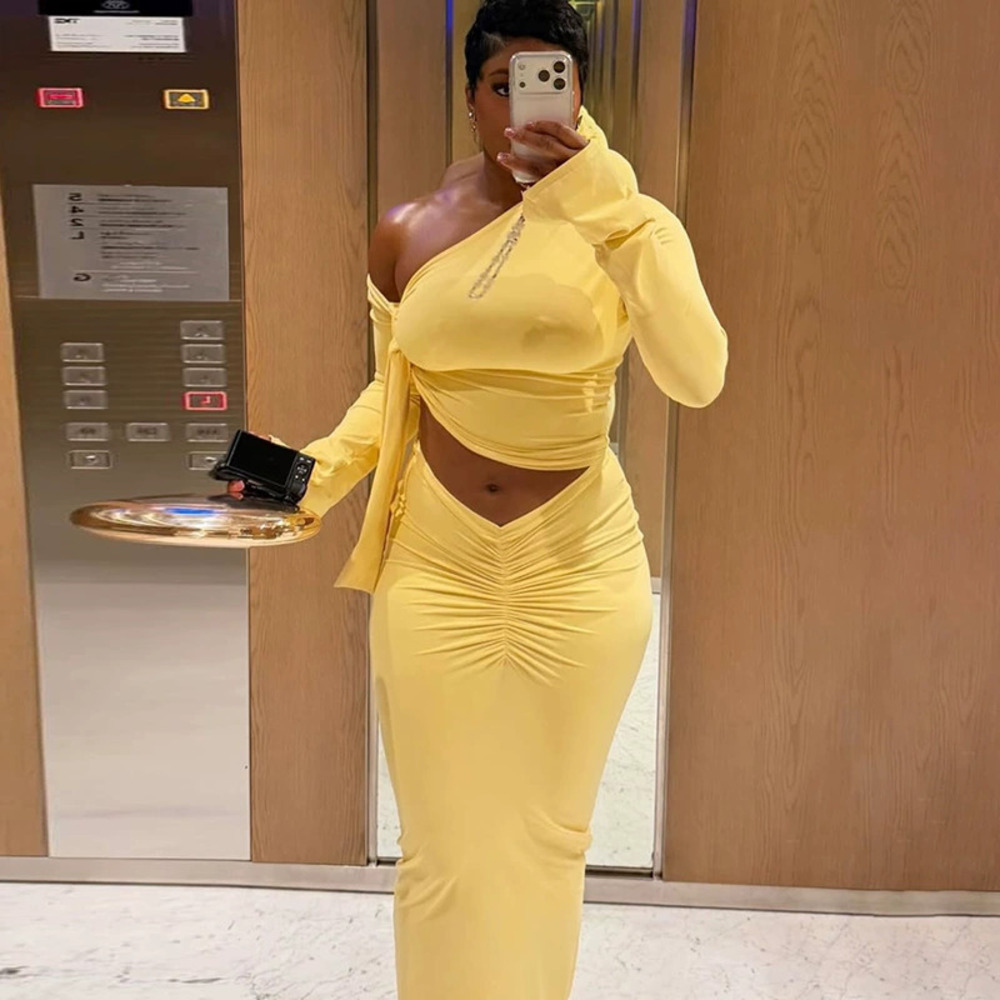 ZARA Slim One Shoulder Asymmetric Long Sleeve Wrap Crop Top And Skirt Set